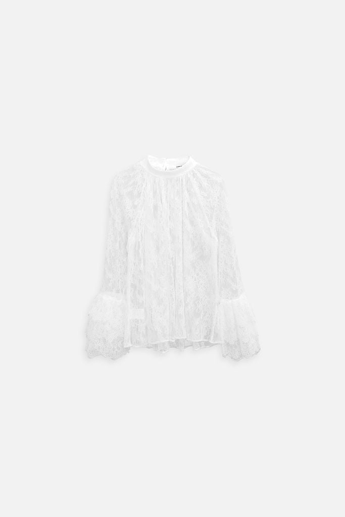  Áo High Neck Blouse Flared Sleeves 