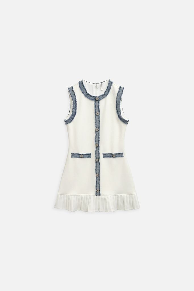  Đầm Ngắn Denim Trim Pleated Hem 