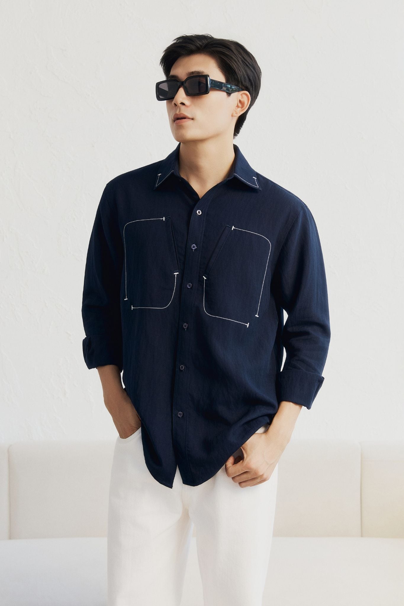  Áo Sơ Mi Relaxed Contrast Stitch Pocket 