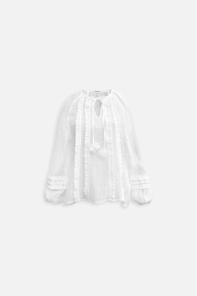  Áo Puff Sleeves Tassel Tie Ruffle 