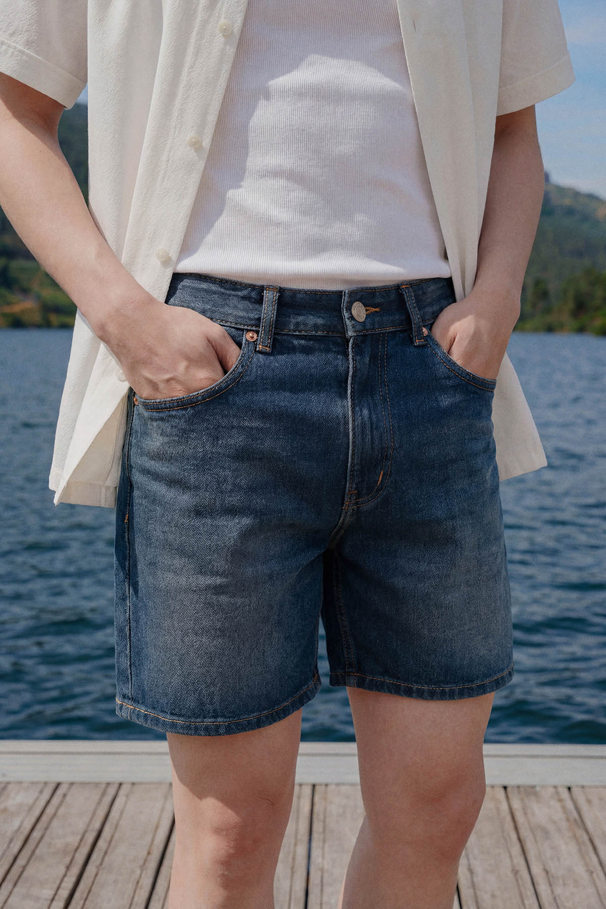 Quần Short Straight Jean Rip Blue V1