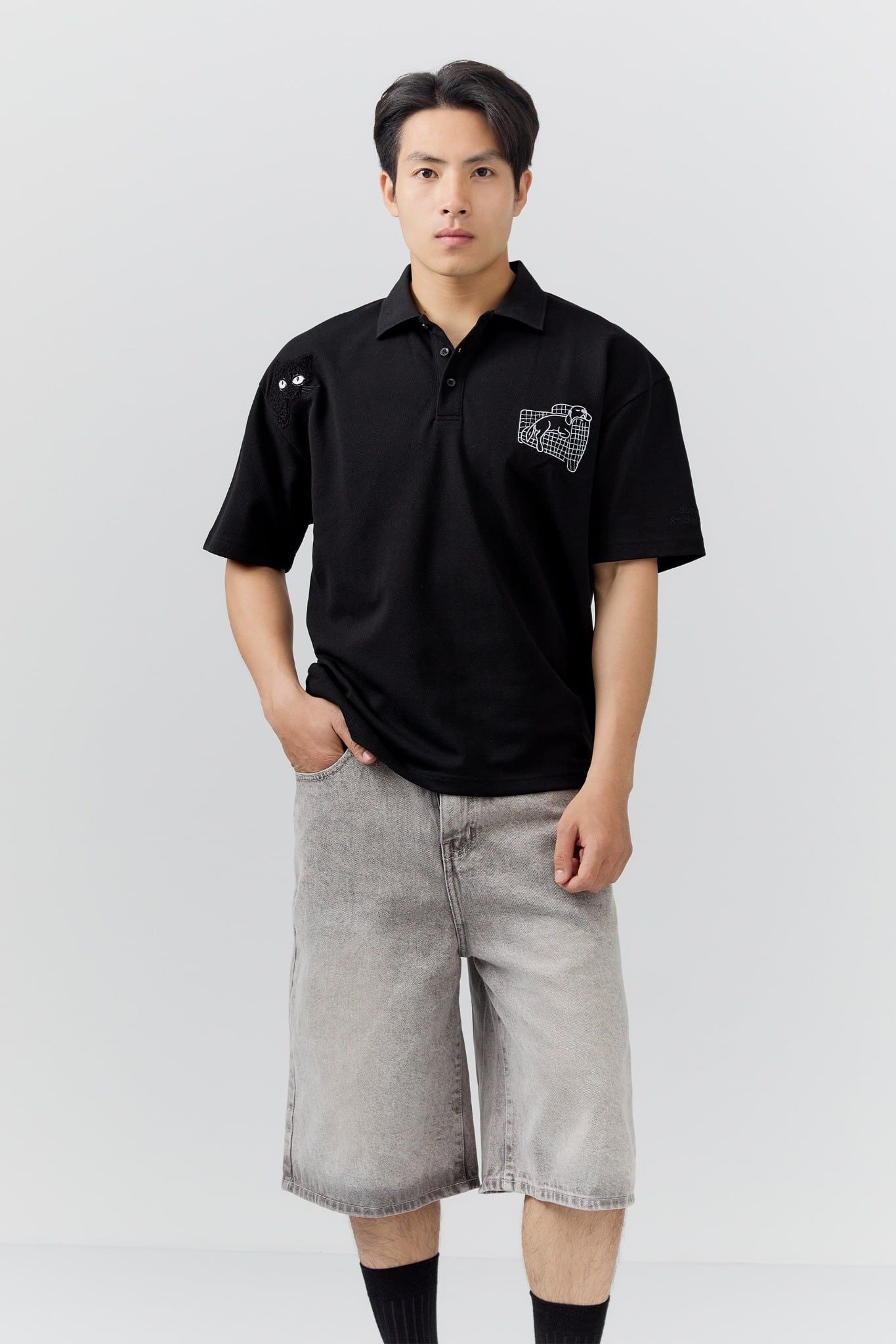 Áo Polo Oversize Black Cat Sleeping Dog