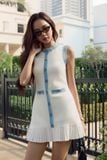 Đầm Ngắn Denim Trim Pleated Hem