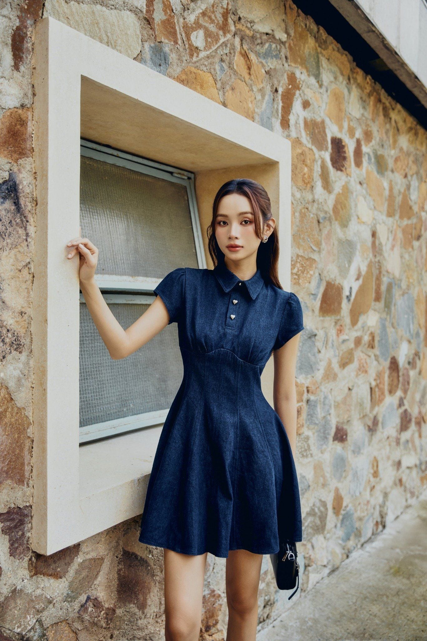 Đầm Ngắn Denim Navy Gold Buttons