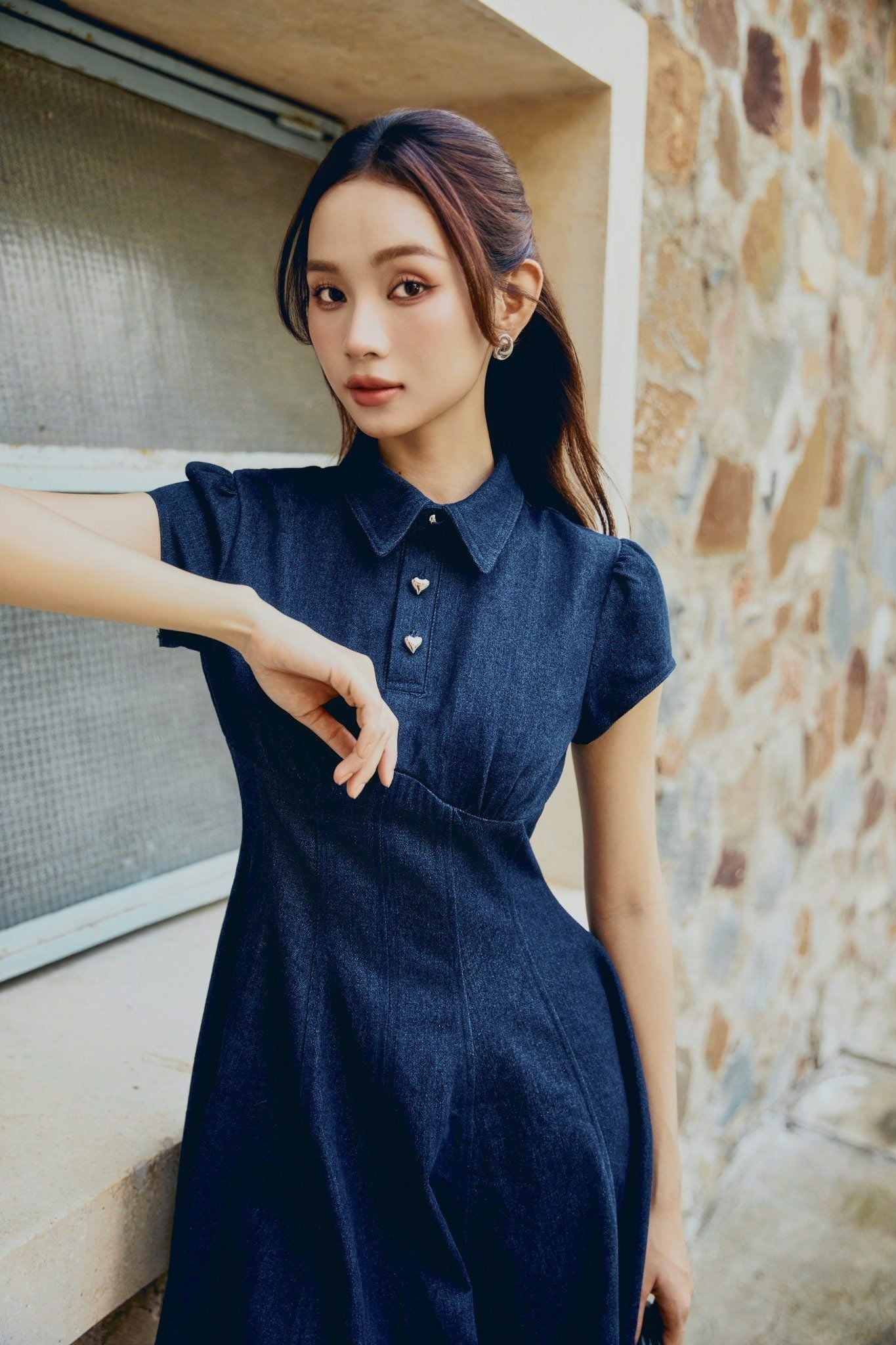 Đầm Ngắn Denim Navy Gold Buttons