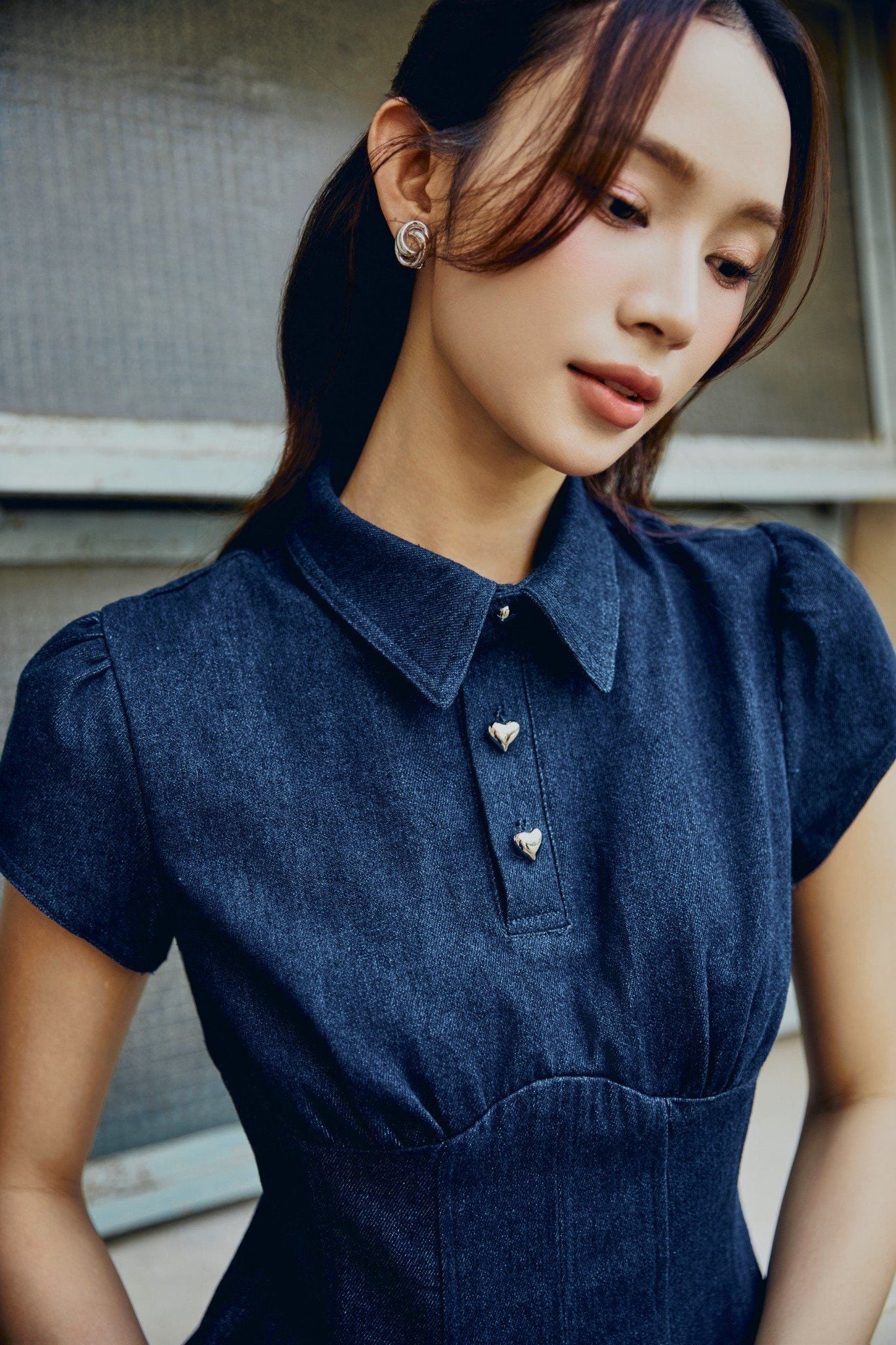 Đầm Ngắn Denim Navy Gold Buttons