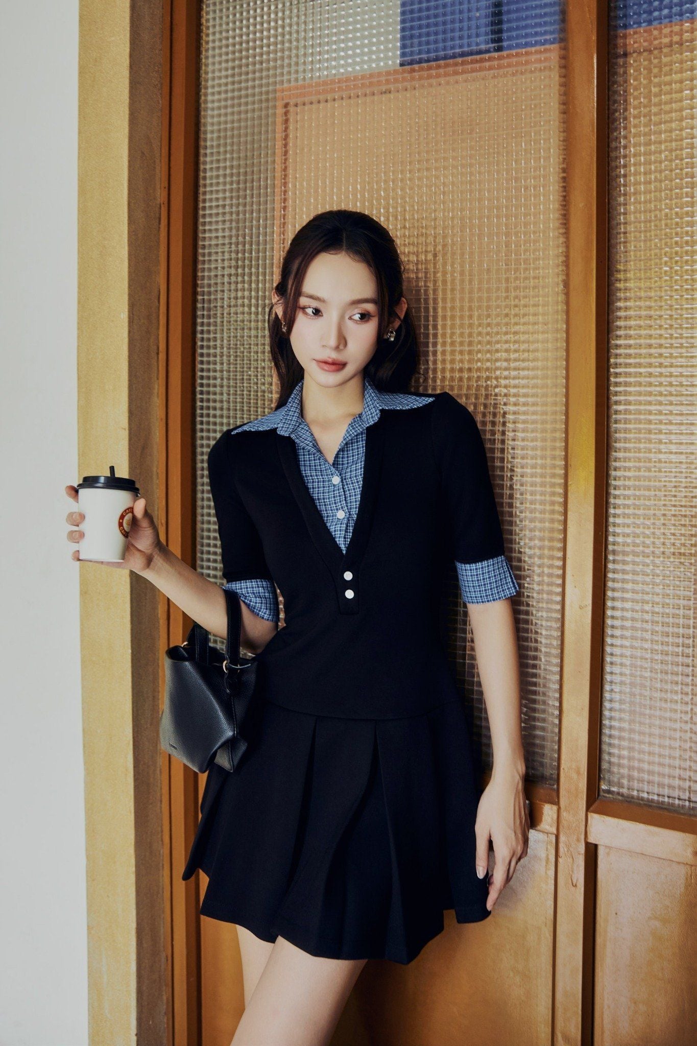  Đầm Ngắn Shirt Collar Pleat Office 