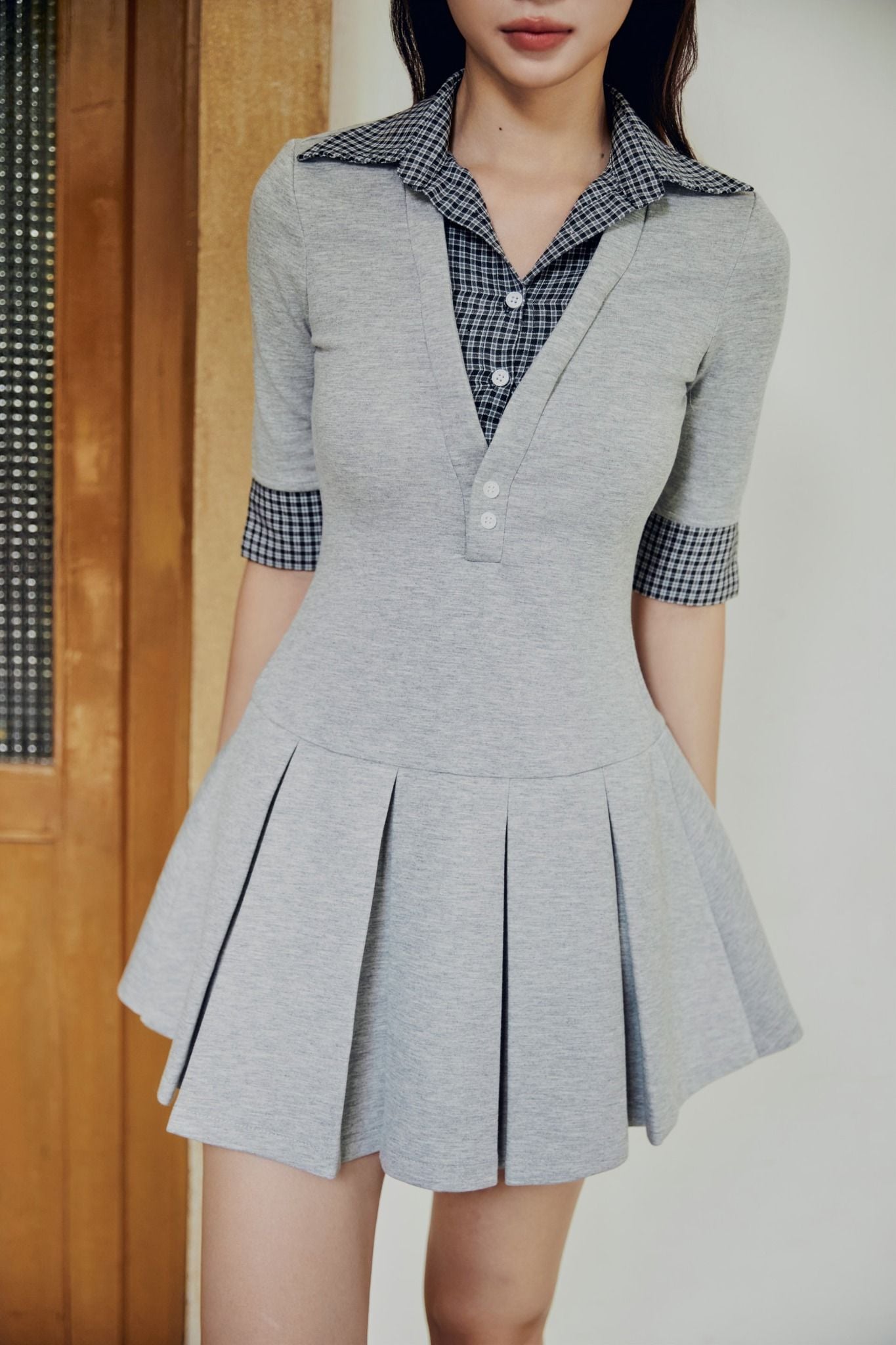 Đầm Ngắn Shirt Collar Pleat Office