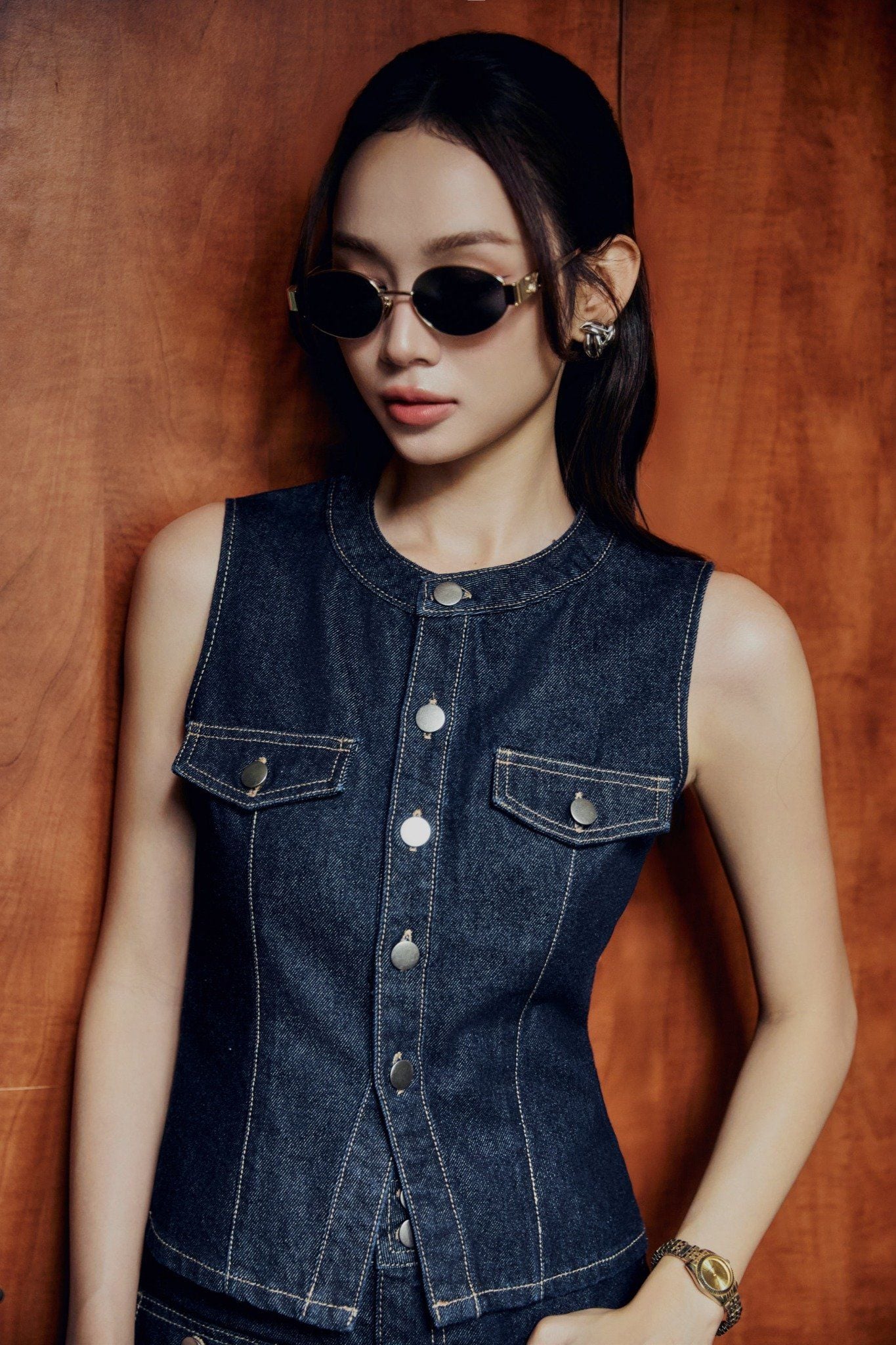  Áo Sleeveless Denim Snap 