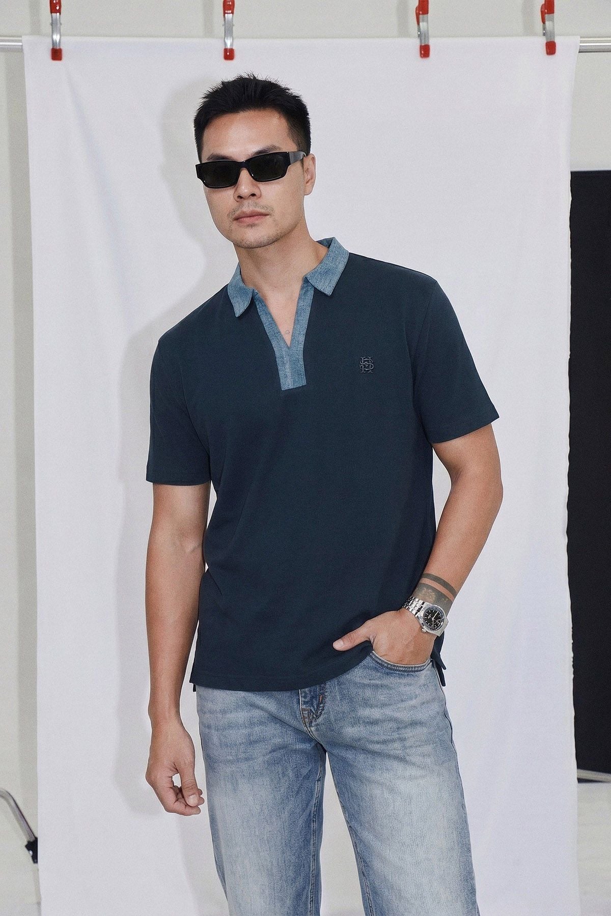 Áo Polo Regular Phối Bo Cổ Denim
