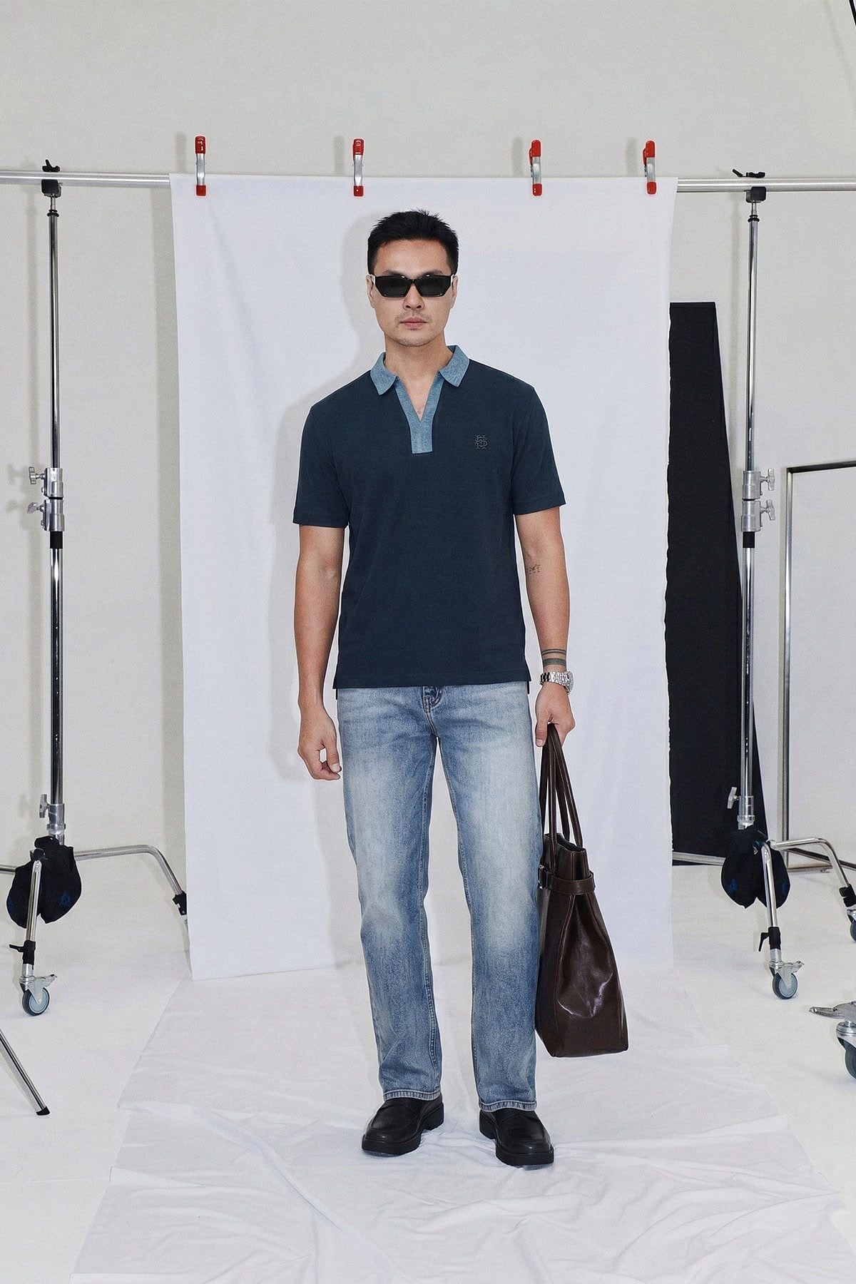 Áo Polo Regular Phối Bo Cổ Denim