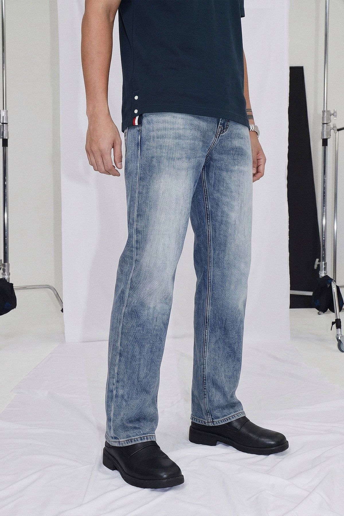 Quần Jean Văn Phòng Ống Suông Sợi Caphe Siêu Nhẹ Màu Xanh Wash