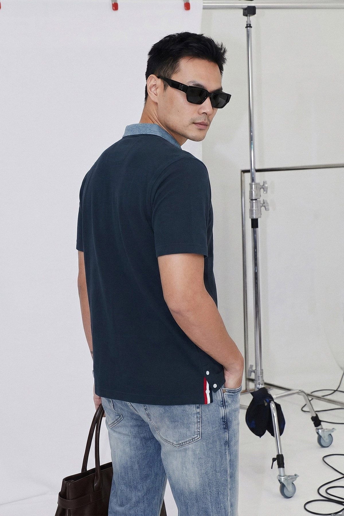Áo Polo Regular Phối Bo Cổ Denim