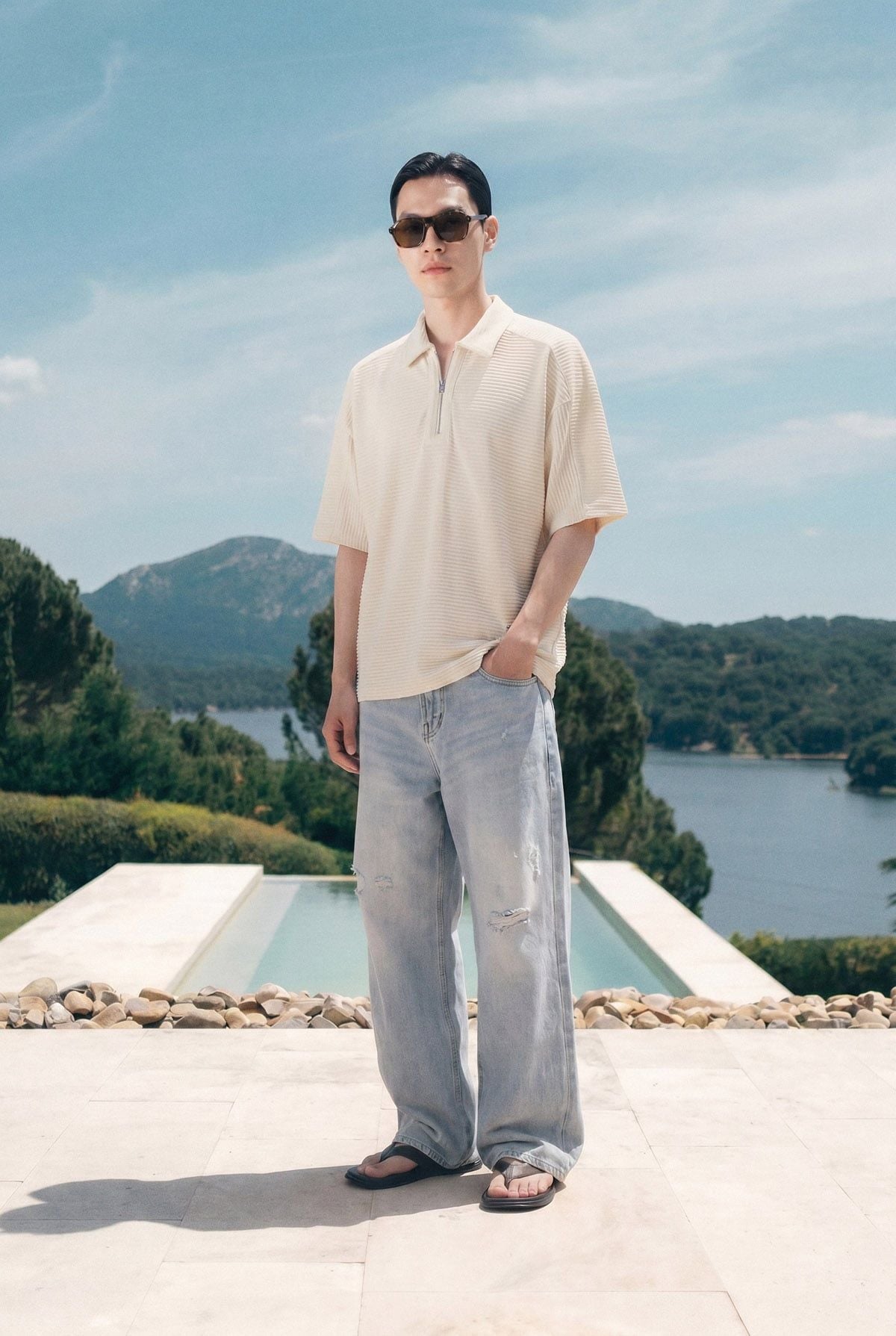Quần Jean Relaxed Cấn Rách Đắp Vải Caro Summer