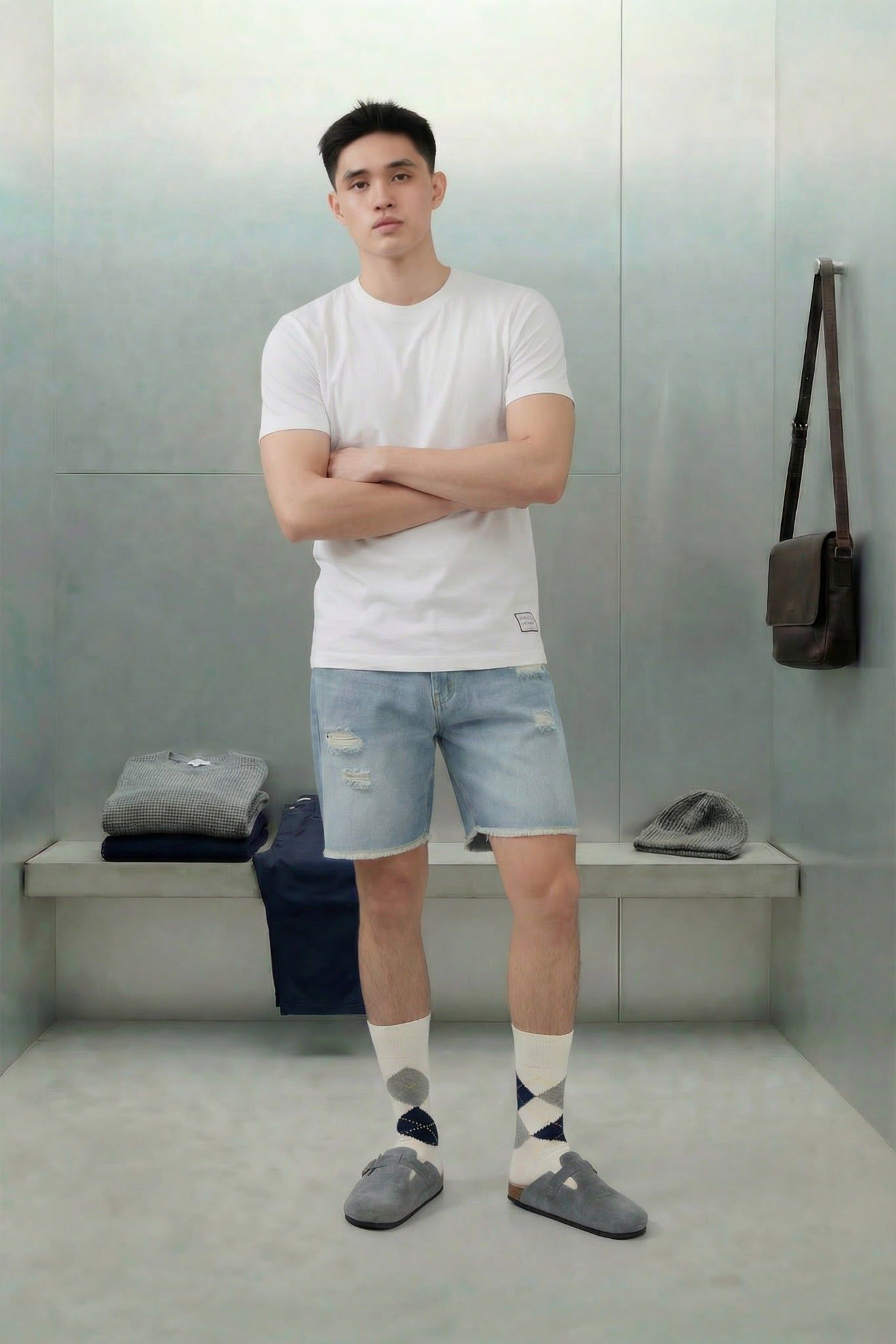 Quần Short Straight Jean Distress Blue Wash V1