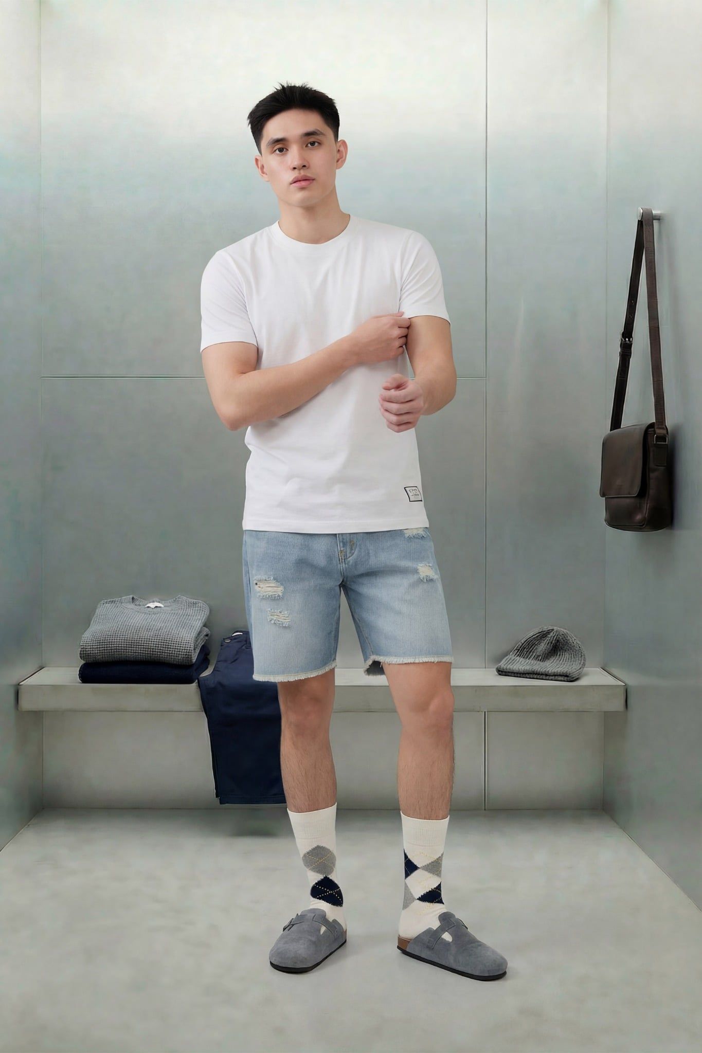 Quần Short Straight Jean Distress Blue Wash V1