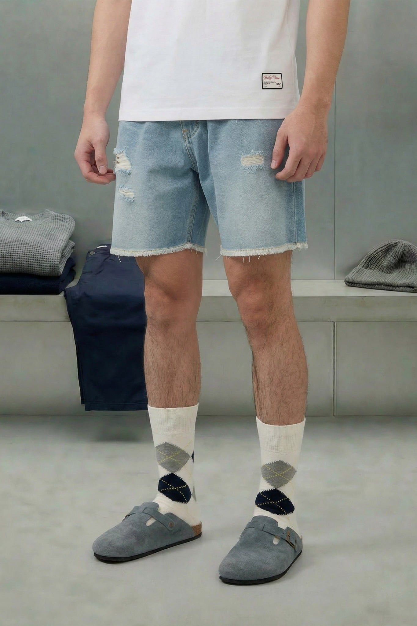 Quần Short Straight Jean Distress Blue Wash V1
