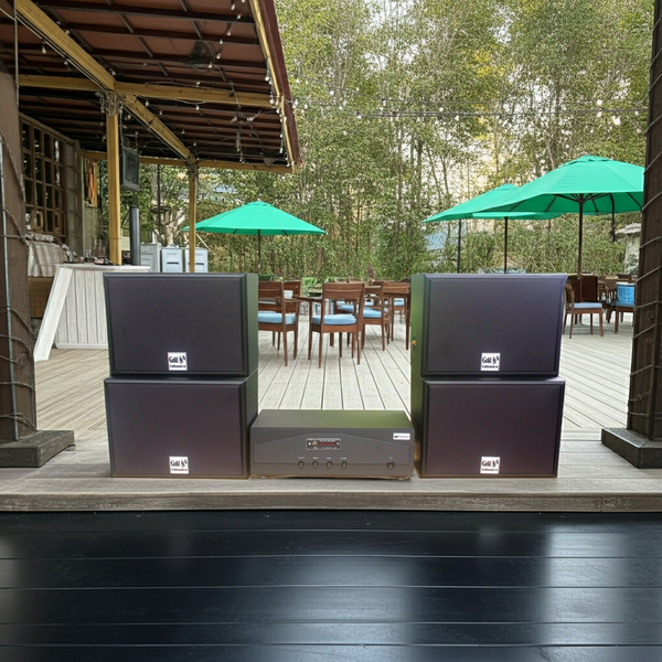 Dàn loa sân vườn: Amply A918 Goldsound 2 vùng âm lượng 1200w + 4 loa Goldsound chống nước ngoài trời V130NT 130w, loa được thiết kế riêng cho quán, bật lớn không tạp âm, miễn phí công lắp đặt, bảo hành 12 tháng.