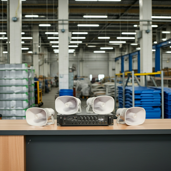 Loa thông báo nhà xưởng: 1 Amply A550F + 04 Ne35w, Amply 5 vùng, loa được thiết kế riêng, bật lớn không tạp âm, miễn phí công lắp đặt, bảo hành dài hạn 12 tháng