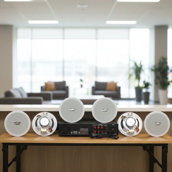 Dàn loa âm trần thông báo, phát nhạc nền tự động: A480F Goldsound 5 vùng âm lượng 480w + 6 loa âm trần VAT13, loa được thiết kế riêng cho quán, bật lớn không tạp âm, miễn phí công lắp đặt, bảo hành dài hạn 12 tháng