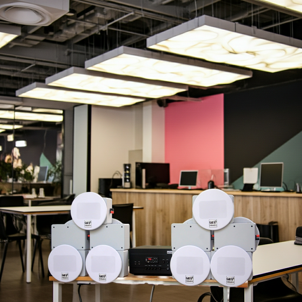 Loa âm trần thông báo, phát nhạc nền: Âm ly A917 Goldsound 2 vùng âm lượng 1200w + 10 loa âm trần Goldsound VAT38 38w, loa được thiết kế riêng cho quán, bật lớn không tạp âm, miễn phí công lắp đặt, bảo hành dài hạn 5 năm.
