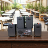 Dàn loa thông báo phát nhạc nền tự động: 1 Amply A154PU Goldsound 150w + 4 loa Goldsound V25c - 25w, loa được thiết kế riêng cho quán, bật lớn không tạp âm, miễn phí công lắp đặt, bảo hành dài hạn 5 năm.