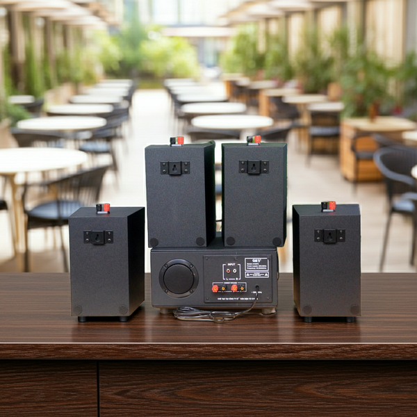 Dàn loa thông báo phát nhạc nền tự động: 1 Amply A154PU Goldsound 150w + 4 loa Goldsound V25c - 25w, loa được thiết kế riêng cho quán, bật lớn không tạp âm, miễn phí công lắp đặt, bảo hành dài hạn 5 năm.