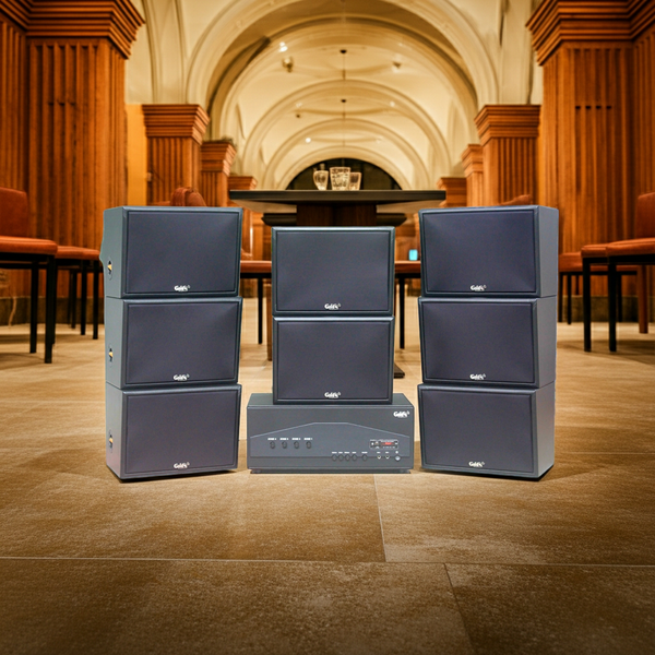 Dàn loa treo tường: Amply A917PU - 4K + 8 V130PU, Amply 4 - 6 vùng âm lượng, loa được thiết kế riêng, bật lớn không tạp âm, miễn phí công lắp đặt, bảo hành dài hạn 5 năm.