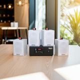 Dàn loa treo tường phát nhạc nền Gold4Cafe 4.0: Amply A2.0 + 4 loa treo tường V12 màu trắng, Amply, loa được thiết kế riêng cho quán, bật lớn không tạp âm, bảo hành dài hạn 5 năm.