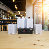 Dàn loa treo tường phát nhạc nền Gold4Cafe 4.0: Amply A2.0 + 4 loa treo tường V12 màu trắng, Amply, loa được thiết kế riêng cho quán, bật lớn không tạp âm, bảo hành dài hạn 5 năm.