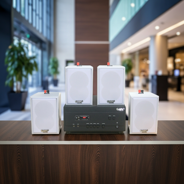 Loa thông báo, loa phát nhạc nền tự động A907PU-2K Goldsound 2 vùng âm lượng 900w + 4 loa Goldsound V25C màu trắng, loa được thiết kế riêng cho quán, bật lớn không tạp âm, miễn phí công lắp đặt, bảo hành dài hạn 5 năm.