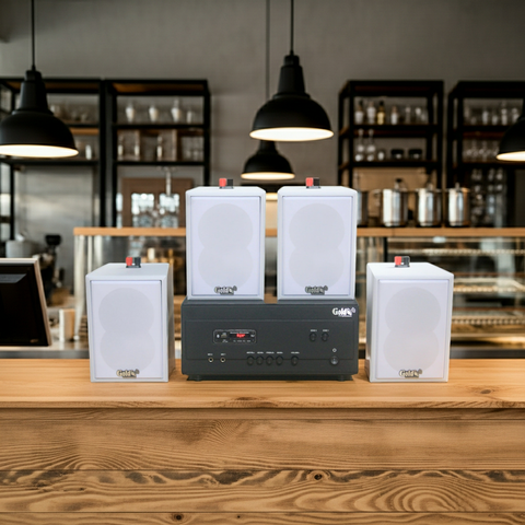 Loa thông báo, loa phát nhạc nền tự động A907PU-2K Goldsound 2 vùng âm lượng 900w + 4 loa Goldsound V25C màu trắng, loa được thiết kế riêng cho quán, bật lớn không tạp âm, miễn phí công lắp đặt, bảo hành dài hạn 5 năm.