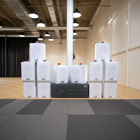 [Diện tích 240m2 + 6 Kênh] Loa thông báo, loa phát nhạc nền tự động A384PU-6K Goldsound 6 vùng âm lượng 1200w + 12 loa Goldsound V25C màu trắng, loa được thiết kế riêng cho quán, bật lớn không tạp âm, miễn phí công lắp đặt, bảo hành dài hạn 5 năm.