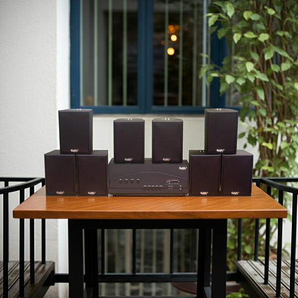 Dàn loa treo tường thông báo, phát nhạc nền tự động: Amply A917PU-4K 4 vùng âm lượng 1500w + 8 loa Goldsound treo tường V55C 55w, loa được thiết kế riêng cho quán, bật lớn không tạp âm, miễn phí công lắp đặt, bảo hành dài hạn 5 năm.