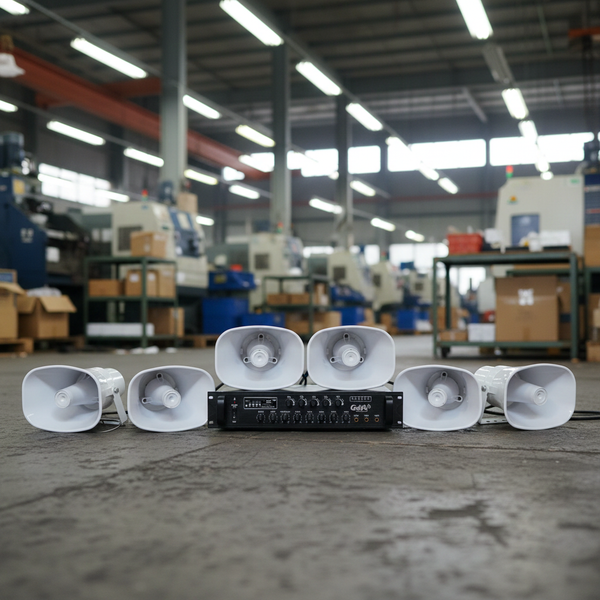 Loa thông báo nhà xưởng: 1 Amply A480F + 06 Ne35w, Amply 5 vùng, loa được thiết kế riêng, bật lớn không tạp âm, miễn phí công lắp đặt, bảo hành dài hạn 12 tháng