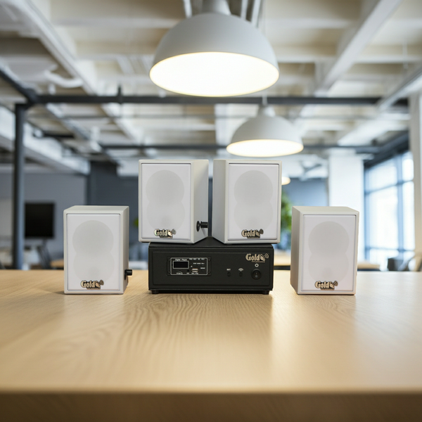 Dàn loa không dây treo tường, Loa thông báo, loa phát nhạc tự động: 01 amply A57 Goldsound + 4 loa không dây Goldsound V27 - 27w