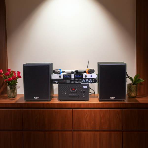 DÀN KARAOKE GOLD120A: (AMPLY 900W + 2 V120 120W + bộ micro không dây + vang) - Hàng trưng bày đồng giá cuối năm