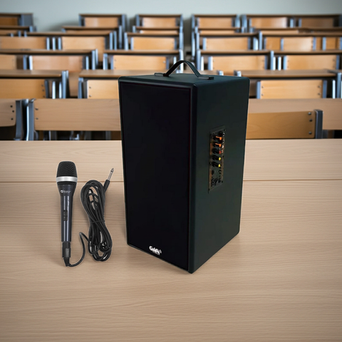 Loa trường học D165PU-PI  + 1 micro dây: pin 4-6h, công suất 165w, bass 20 cm, treble 10 cm, bluetooth 5.0, cổng cắm Micro, cổng rca, khe usb, thiết kế loa thùng gỗ cao 57 cm, rộng 28 cm, sâu 30 cm. Bảo hành 12 tháng