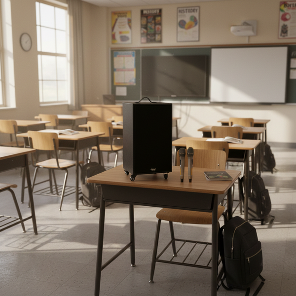 Loa trường học D230PU - MI, pin 4-6h, công suất 230w, bass 20 cm, treble 10 cm, bluetooth 5.0, cổng cắm Micro, cổng rca, khe usb, thiết kế loa thùng gỗ. Bảo hành 12 tháng