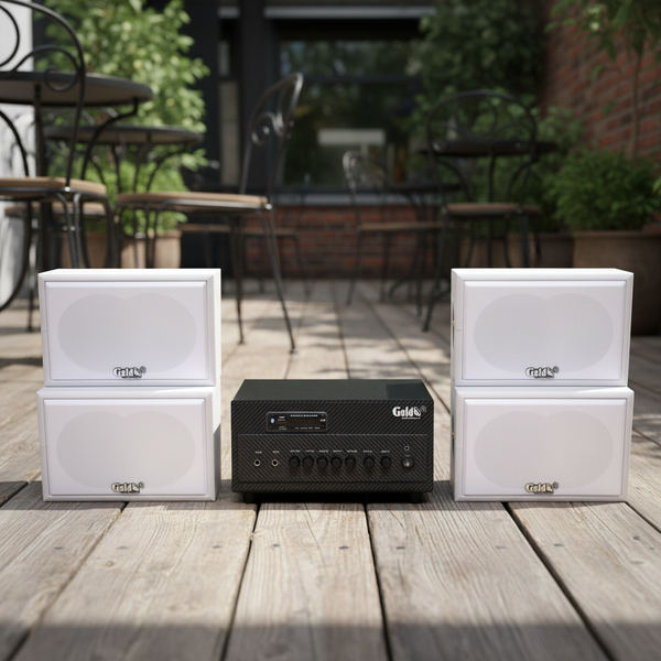 Loa treo tường, phát nhạc nền thông báo: A384 Goldsound 2 vùng âm lượng 380w + 4 loa Goldsound V50NT-PU, loa được thiết kế riêng cho quán, bật lớn không tạp âm, miễn phí công lắp đặt, bảo hành dài hạn 12 tháng