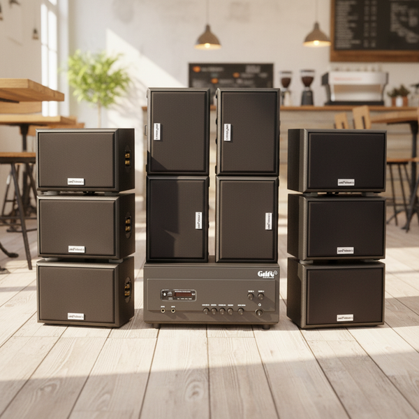 Dàn loa sân vườn: Amply A907PU-2K Goldsound 900w + 10 loa Goldsound ngoài trời V101-NT - 15w, loa được thiết kế riêng cho quán, bật lớn không tạp âm, không bao gồm công lắp đặt, bảo hành 12 tháng