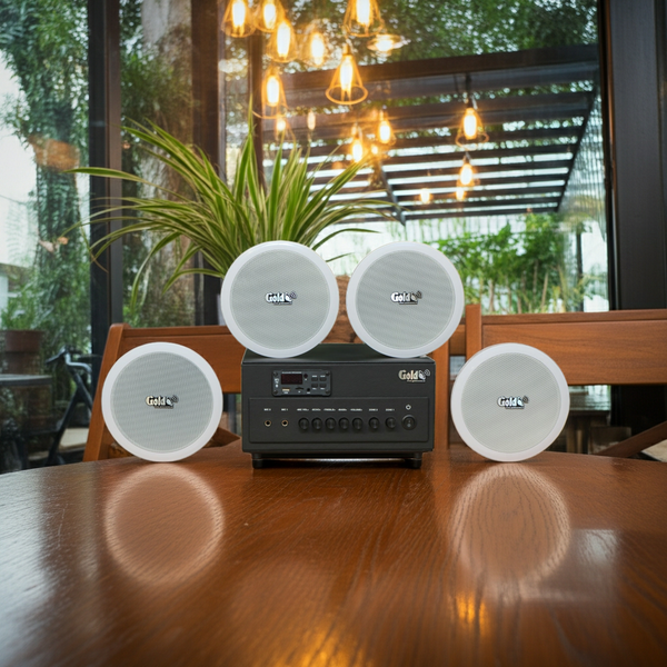 Dàn loa âm trần thông báo, phát nhạc nền tự động: A384PU-2K Goldsound 2 vùng âm lượng 380w + 4 loa âm trần VAT13, loa được thiết kế riêng cho quán, bật lớn không tạp âm, miễn phí công lắp đặt, bảo hành dài hạn 12 tháng