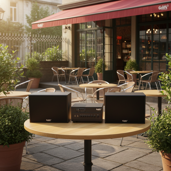 Dàn loa treo tường: Amply A384PU - 2K Goldsound 2 vùng âm lượng 380w + 2 loa Goldsound V130 - 130w, loa được thiết kế riêng cho quán, bật lớn không tạp âm, miễn phí công lắp đặt, bảo hành dài hạn 5 năm.