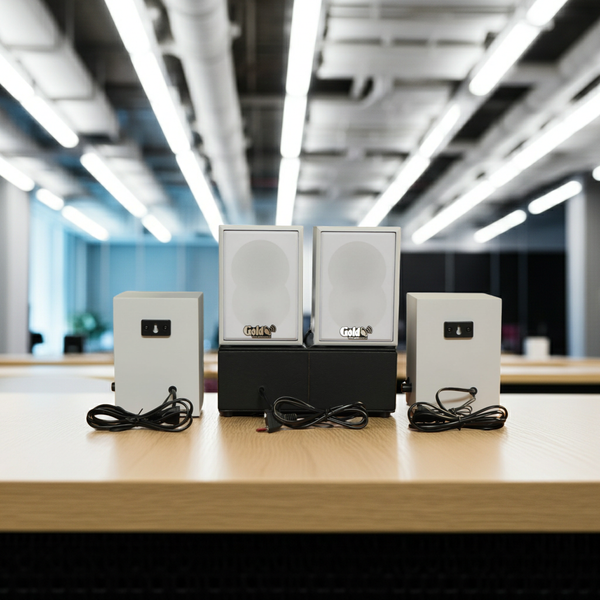 Dàn loa không dây treo tường, Loa thông báo, loa phát nhạc tự động: 01 amply A57 Goldsound + 4 loa không dây Goldsound V27 - 27w
