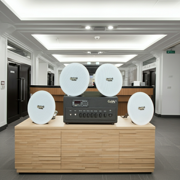 Dàn loa âm trần thông báo, phát nhạc nền tự động: A384PU-2K Goldsound 2 vùng âm lượng 380w + 4 loa âm trần VAT14, loa được thiết kế riêng cho quán, bật lớn không tạp âm, miễn phí công lắp đặt, bảo hành dài hạn 12 tháng