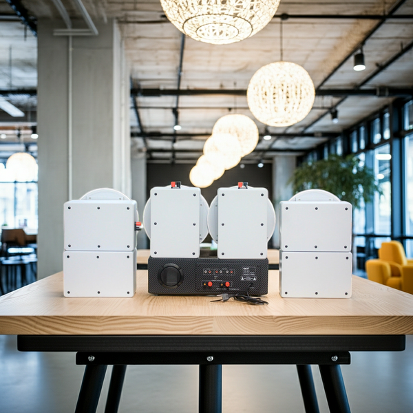 Loa âm trần thông báo, phát nhạc nền: Âm ly A917 Goldsound 2 vùng âm lượng 1200w + 8 loa âm trần Goldsound VAT38 38w, loa được thiết kế riêng cho quán, bật lớn không tạp âm, miễn phí công lắp đặt, bảo hành dài hạn 5 năm