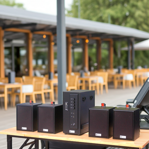 Dàn loa treo tường: Amply AMT154_SG Goldsound 150w + 4 loa Goldsound V24C_SG 24w, loa được thiết kế riêng cho quán, bật lớn không tạp âm, miễn phí công lắp đặt, bảo hành dài hạn 5 năm.