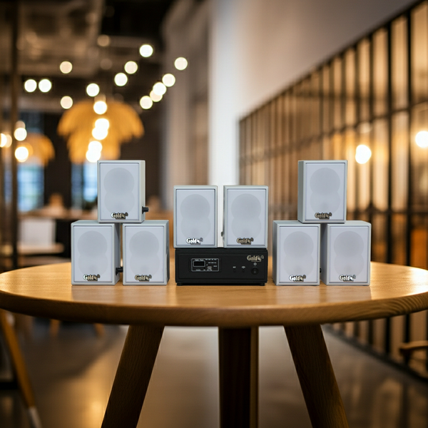 Dàn loa không dây treo tường, Loa thông báo, loa phát nhạc tự động: 01 amply A57 Goldsound + 8 loa không dây Goldsound V27 - 27w