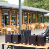 Dàn loa treo tường: Amply AMT154 + 4 V24C, Amply 2 vùng âm lượng, loa được thiết kế riêng cho quán, bật lớn không tạp âm, bảo hành dài hạn 5 năm.