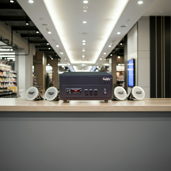 Dàn loa âm trần thông báo, phát nhạc nền tự động: A156PU Goldsound 200w + 4 loa âm trần VAT8, loa được thiết kế riêng cho quán, bật lớn không tạp âm, miễn phí công lắp đặt, bảo hành dài hạn 12 tháng